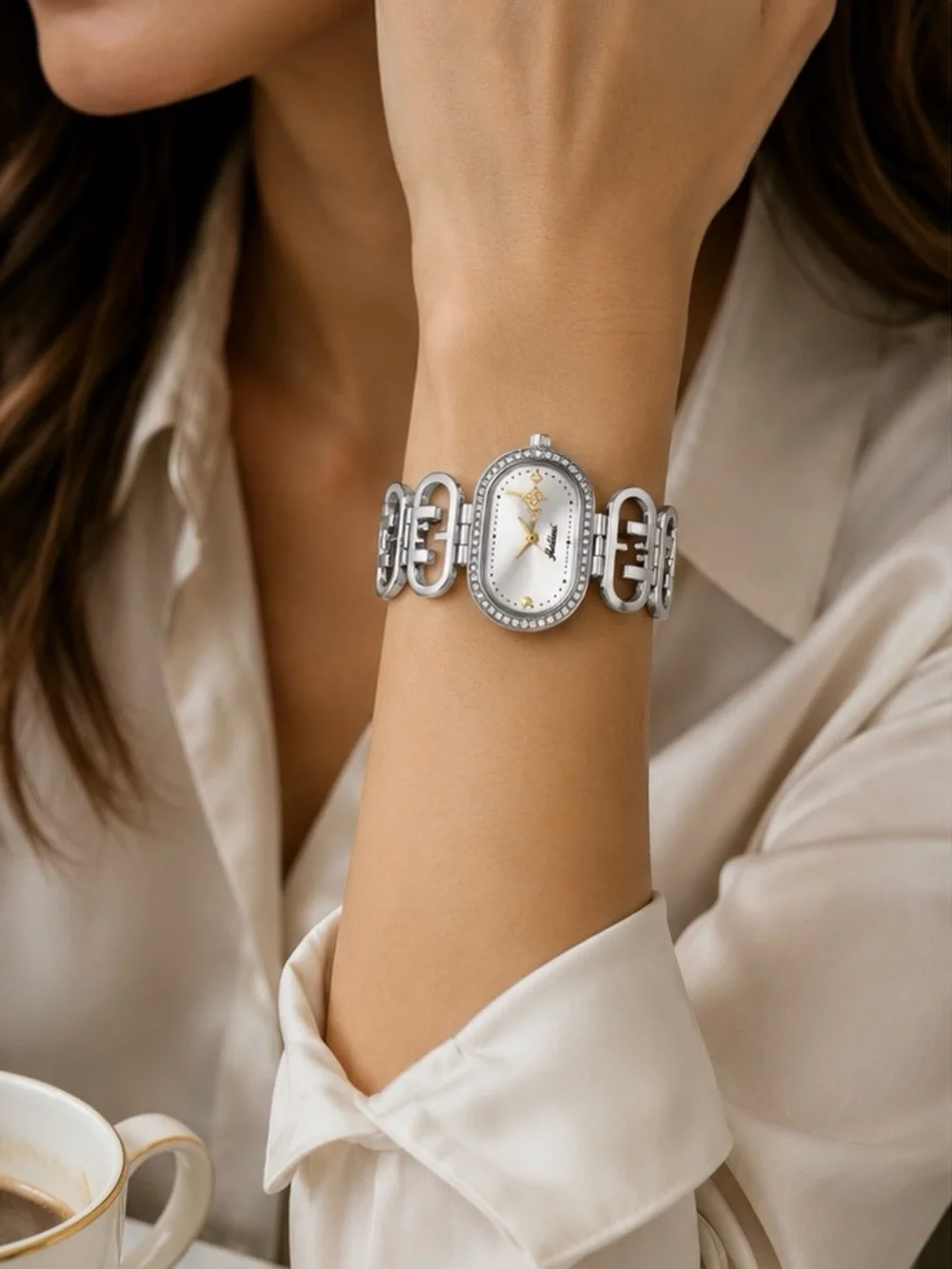 Silver Oval Crystal Bracelet Watch | Elegant Rhinestone Dress Watch for Women
